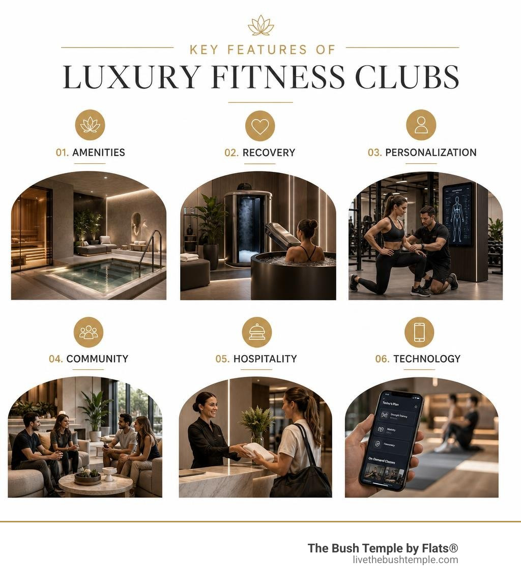 Key features of luxury fitness clubs: amenities, recovery, personalization, community, and technology infographic