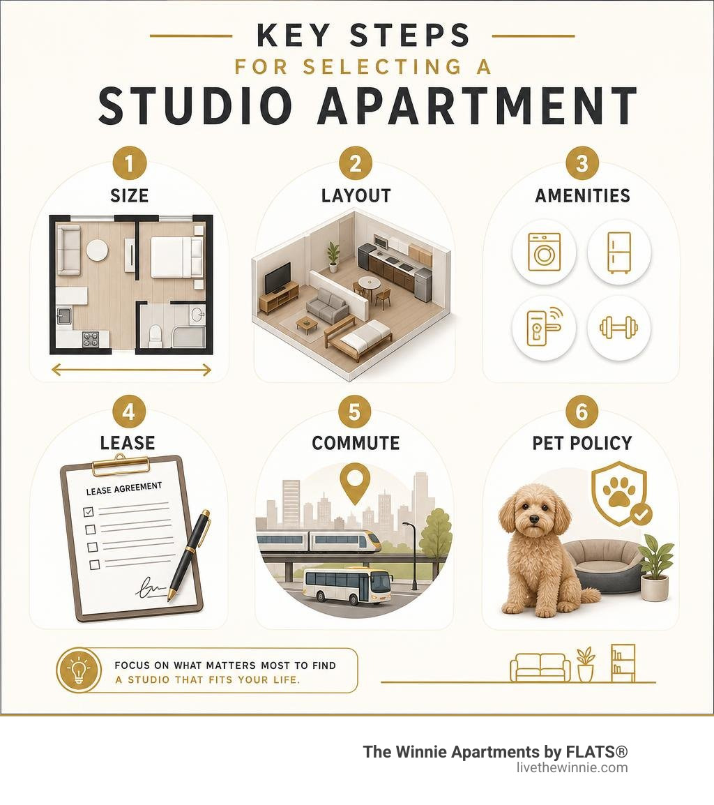 Key steps infographic for selecting a studio apartment: size, layout, amenities, lease, commute, pet policy infographic Key steps infographic for selecting a studio apartment: size, layout, amenities, lease, commute, pet policy infographic