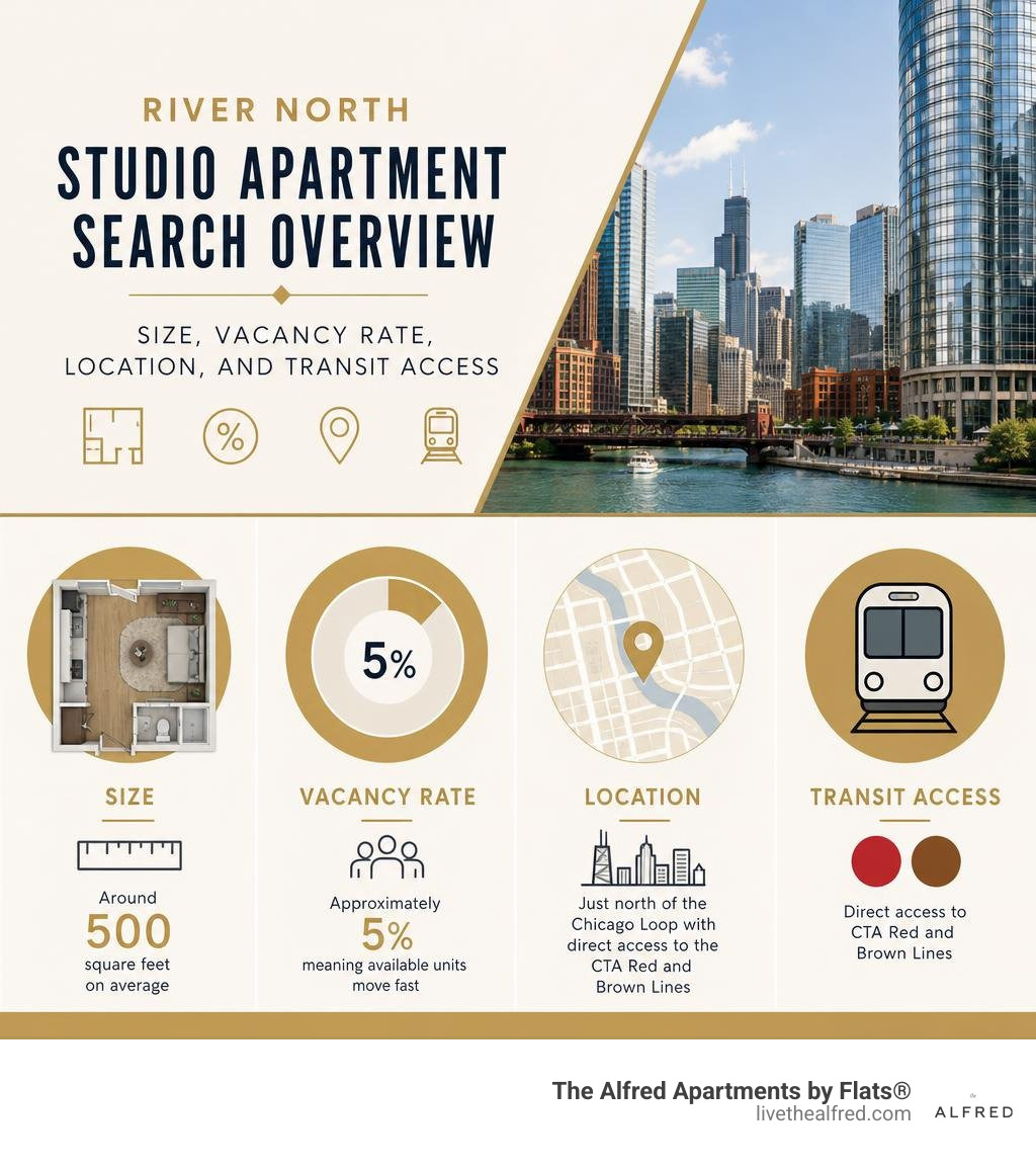 Infographic: River North studio apartment search overview — size, vacancy rate, location, and transit access infographic Infographic: River North studio apartment search overview — size, vacancy rate, location, and transit access infographic