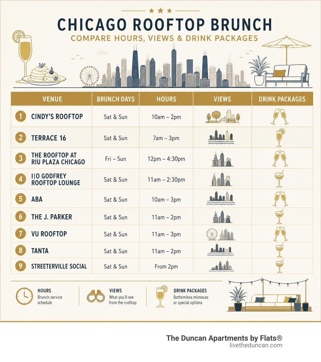 Infographic comparing top Chicago rooftop brunch venues by hours, views, and drink packages infographic