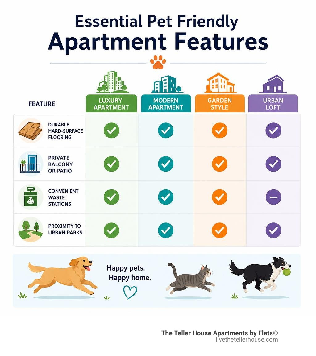 Comparative chart of essential pet friendly apartment features infographic Comparative chart of essential pet friendly apartment features infographic