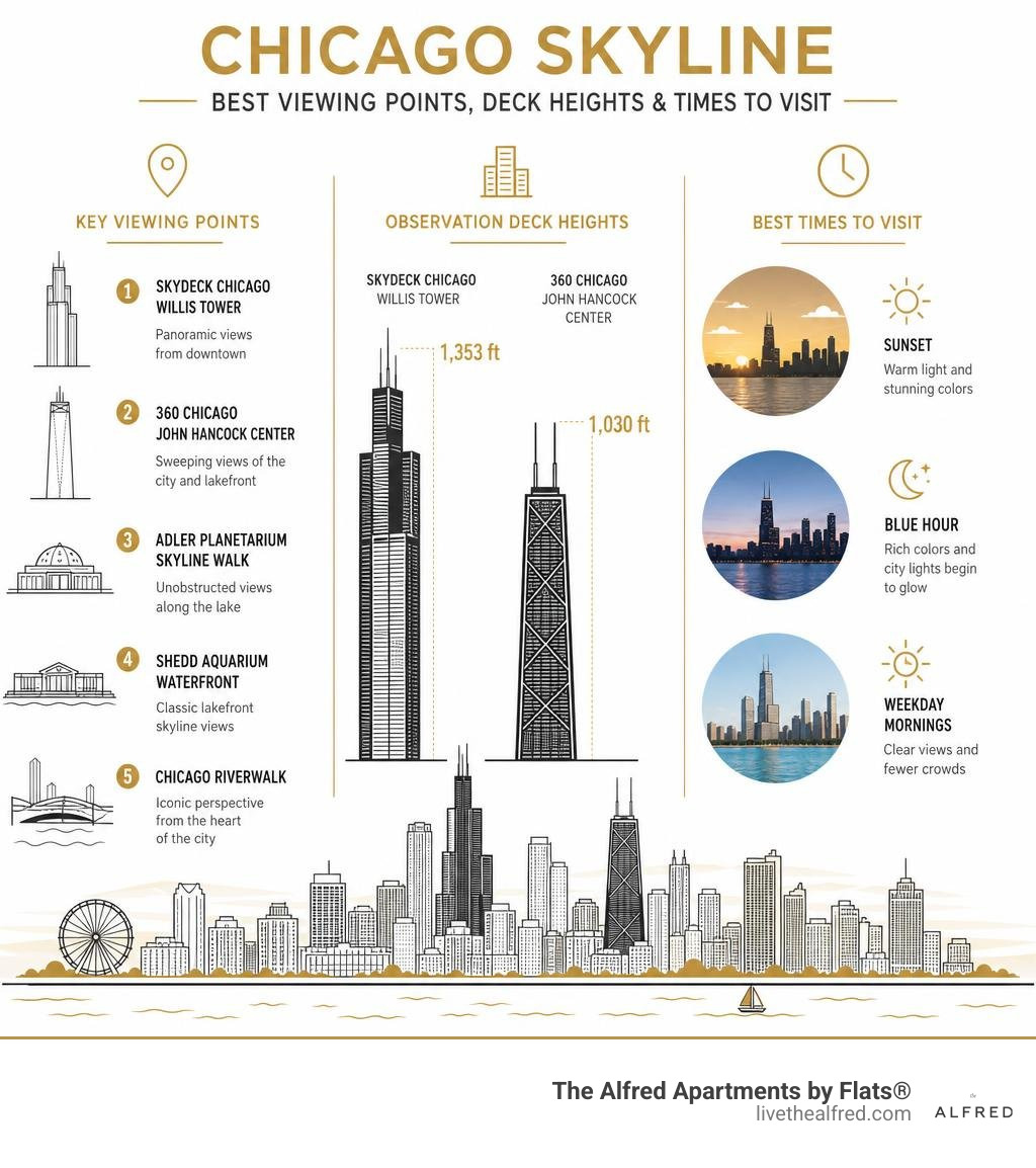 Key Chicago skyline viewing points, observation deck heights, and best times to visit infographic