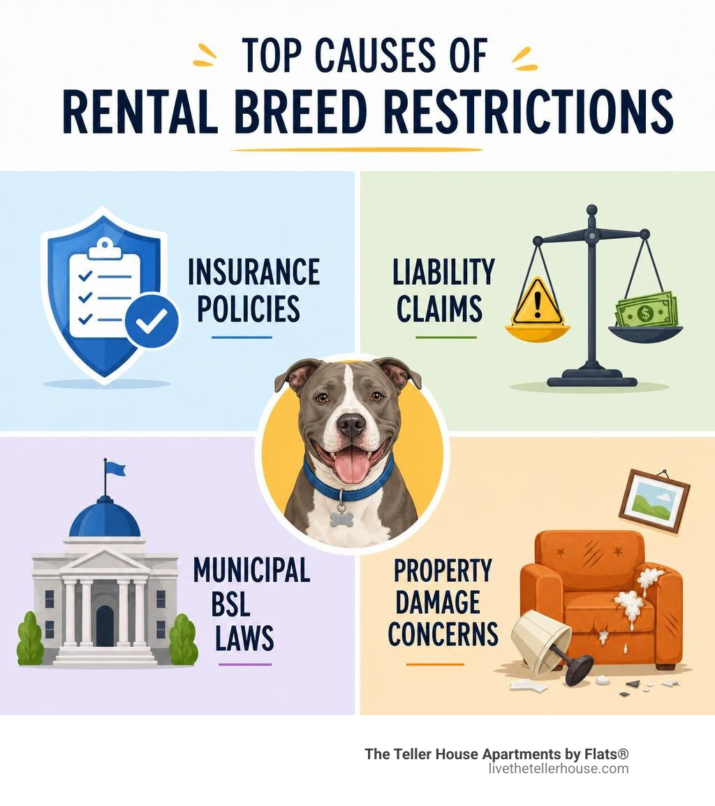 Infographic showing top causes of rental breed restrictions: insurance policies, liability claims, municipal BSL laws