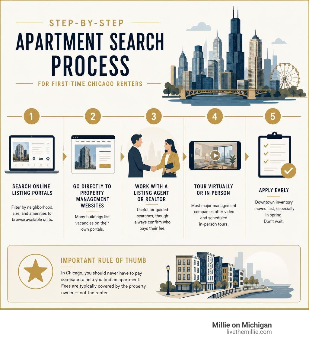 Step-by-step apartment search process for first-time Chicago renters infographic infographic Step-by-step apartment search process for first-time Chicago renters infographic infographic