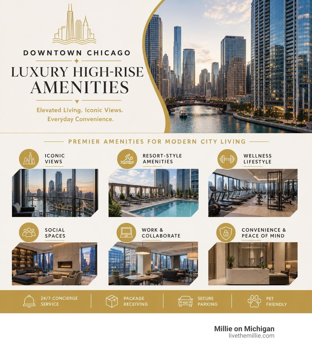 Infographic highlighting key luxury high-rise amenities in downtown Chicago infographic Infographic highlighting key luxury high-rise amenities in downtown Chicago infographic