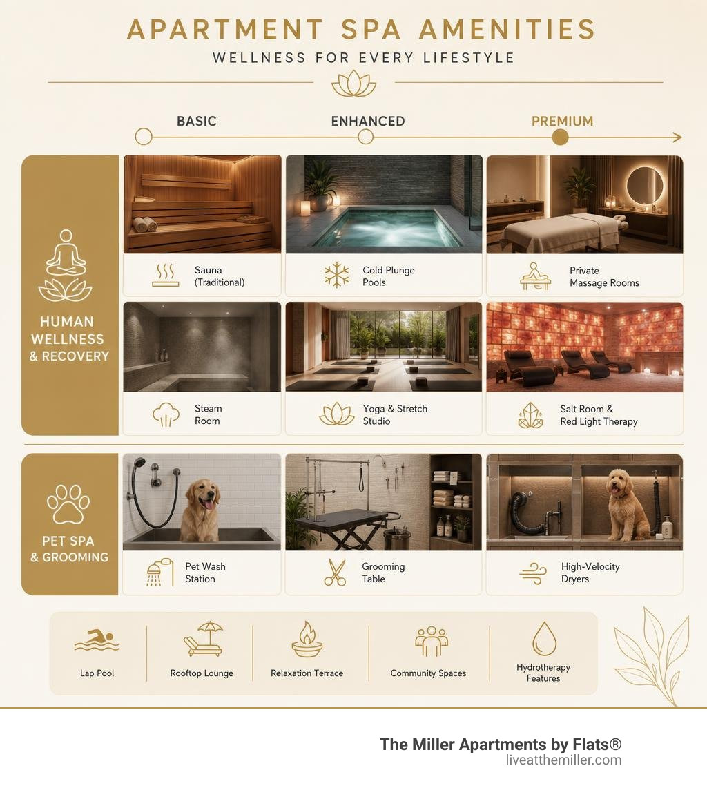 Infographic showing key apartment spa amenities from basic to premium including pet spas human wellness and recovery Infographic showing key apartment spa amenities from basic to premium including pet spas human wellness and recovery