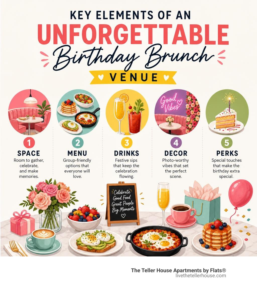 Key elements of an unforgettable birthday brunch venue: space, menu, drinks, decor, and perks infographic Key elements of an unforgettable birthday brunch venue: space, menu, drinks, decor, and perks infographic