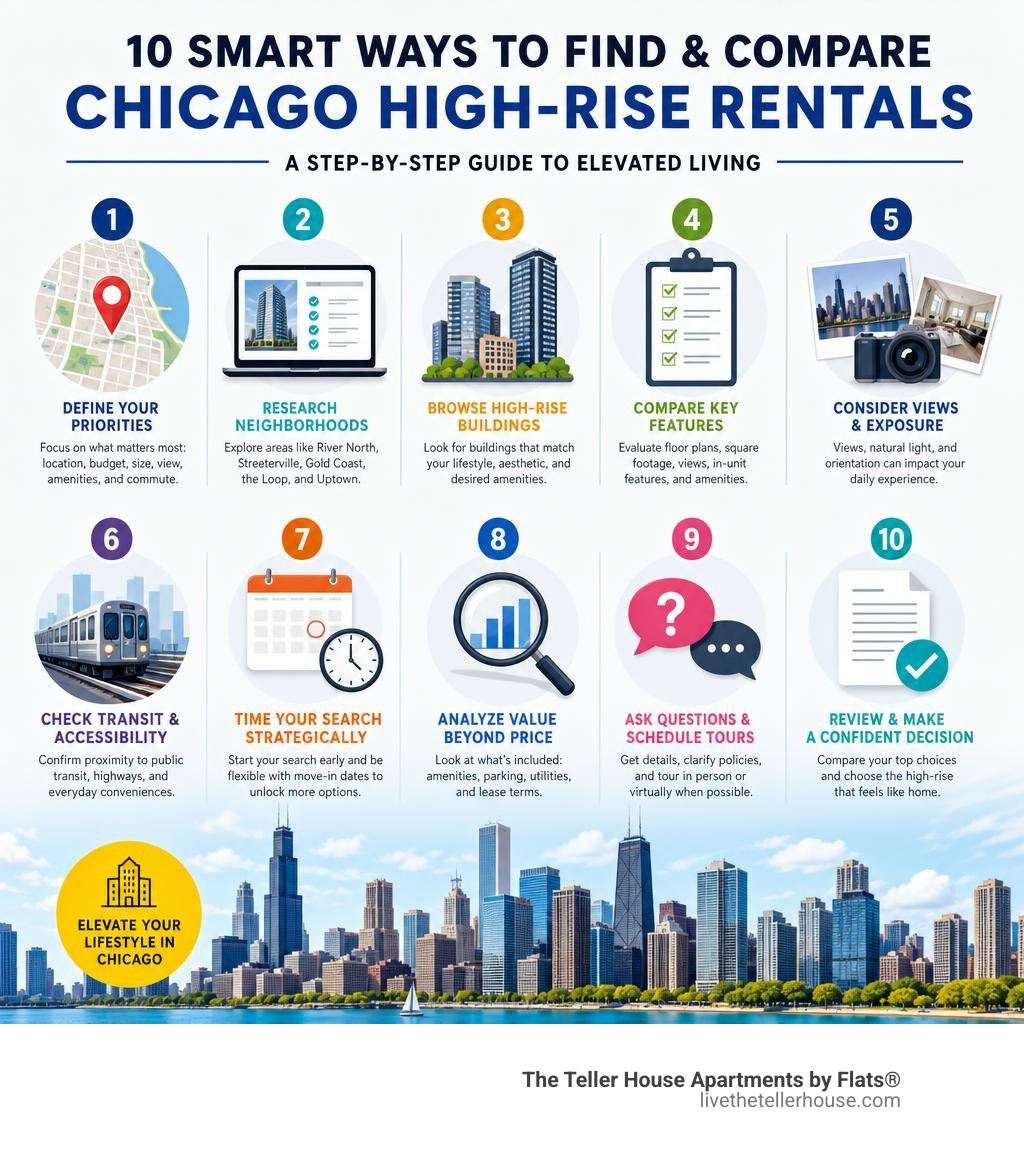 Step-by-step strategies to find and compare Chicago high-rise apartment rentals infographic Step-by-step strategies to find and compare Chicago high-rise apartment rentals infographic