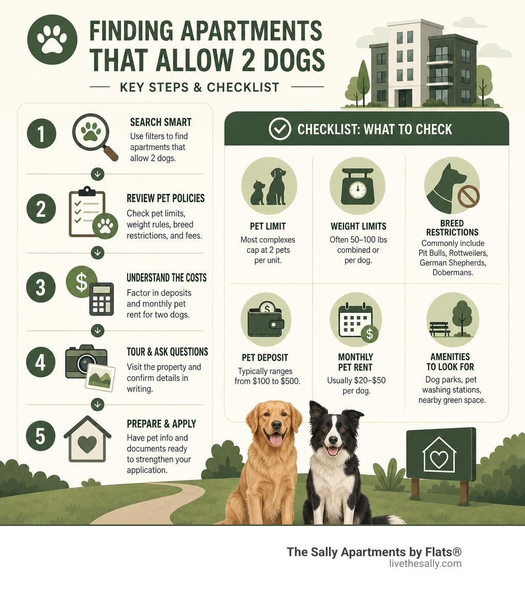 Key steps and checklist for finding apartments that allow 2 dogs including fees, breed rules, and amenities infographic