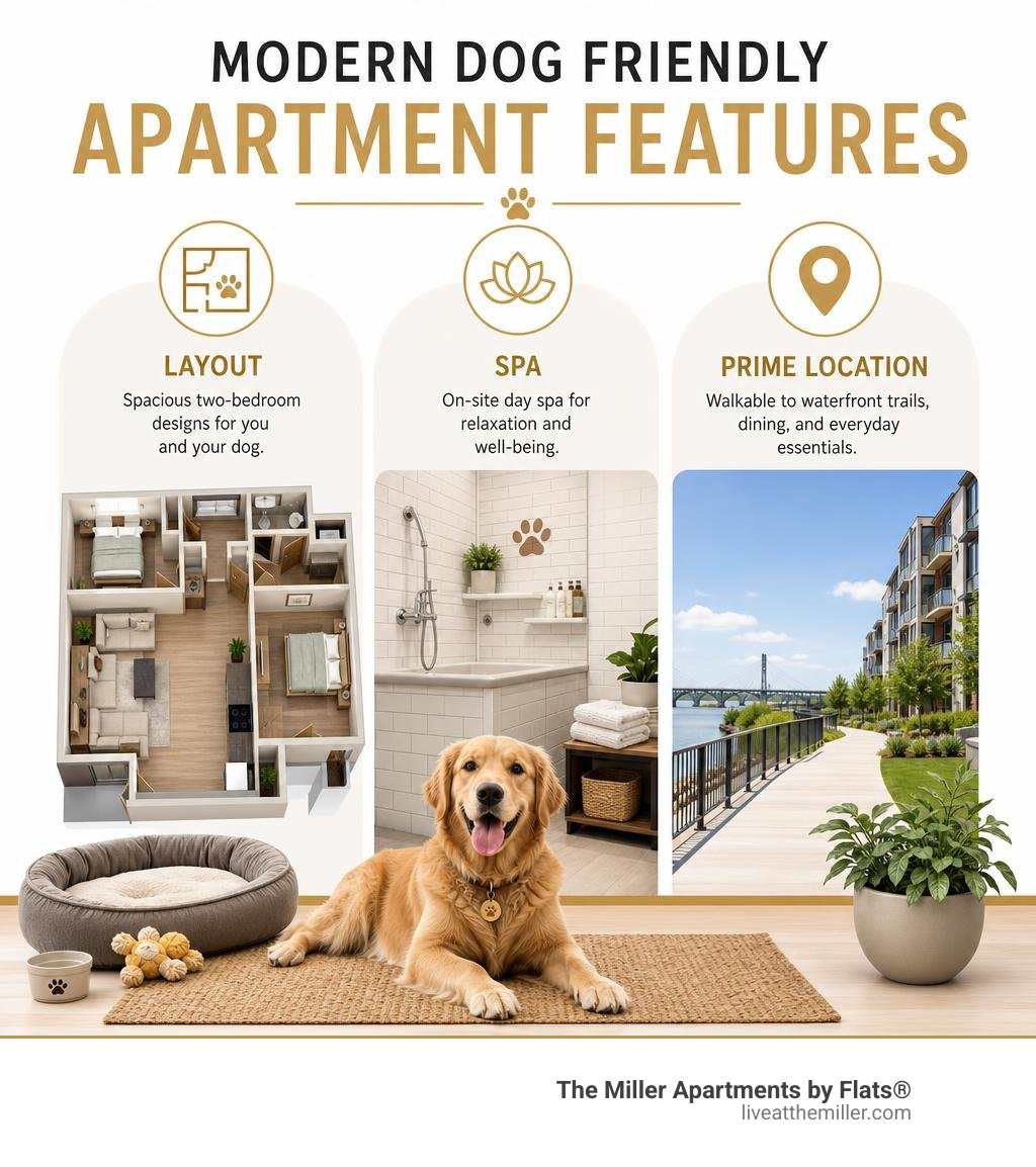 Key summary of modern dog friendly apartment features: layout, spa, and prime location infographic