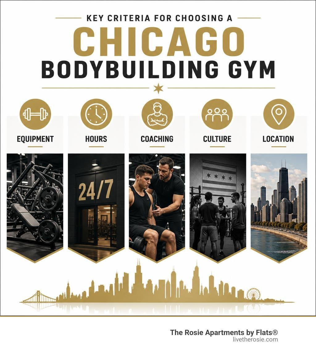 Key criteria for choosing a Chicago bodybuilding gym: equipment, hours, coaching, culture, location infographic