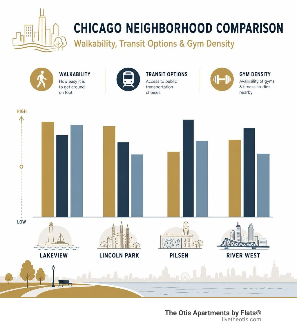 Bar chart comparing walkability, transit options, and gym density across Lakeview, Lincoln Park, Pilsen, and River West Bar chart comparing walkability, transit options, and gym density across Lakeview, Lincoln Park, Pilsen, and River West