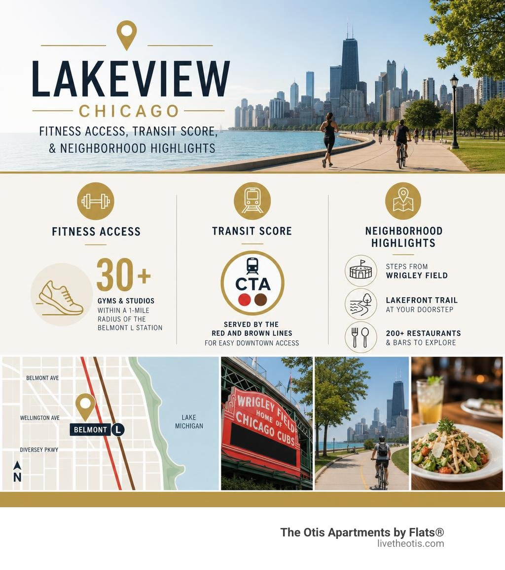 Lakeview Chicago fitness access, transit score, and neighborhood highlights infographic infographic Lakeview Chicago fitness access, transit score, and neighborhood highlights infographic infographic