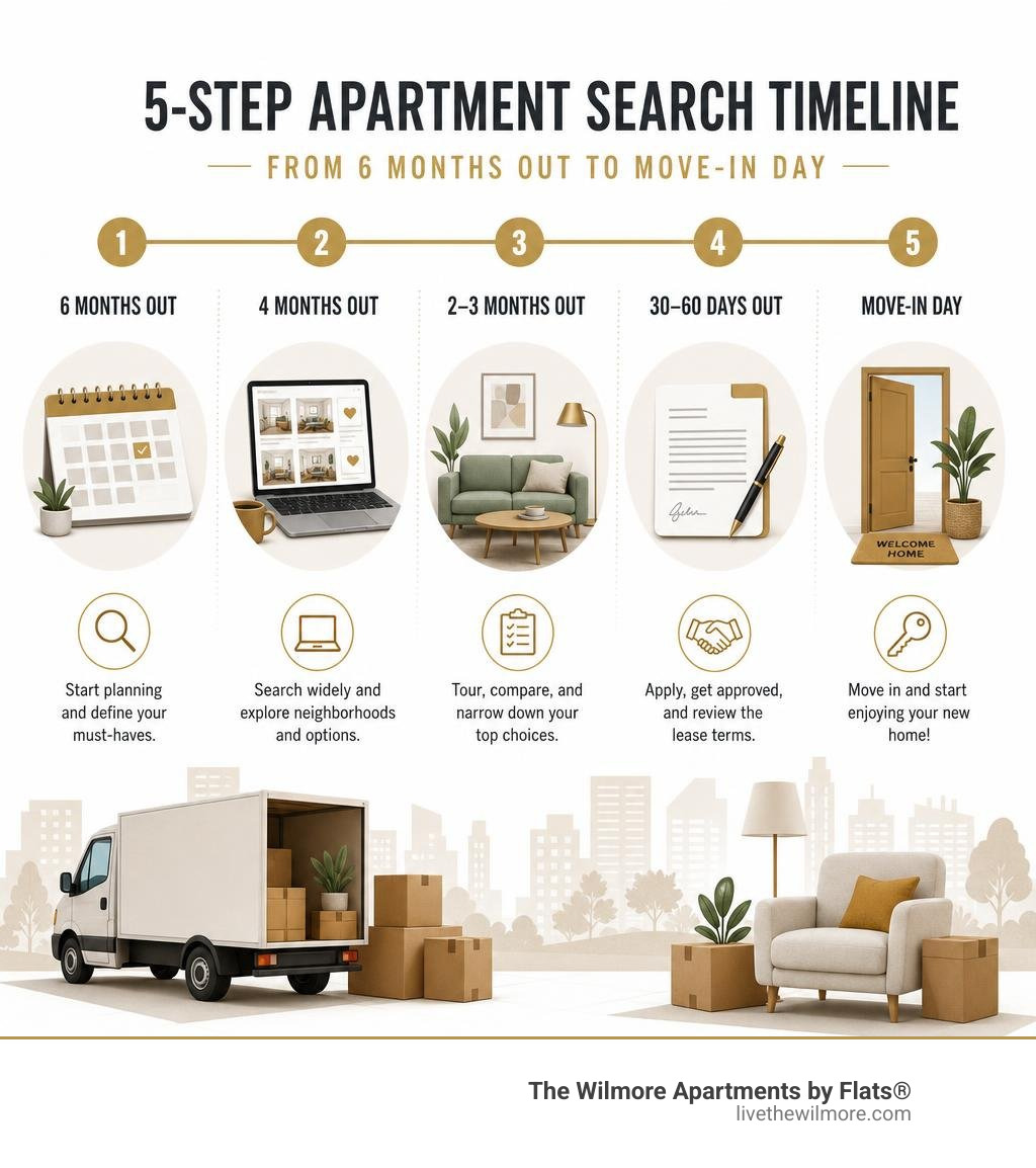 infographic showing 5-step apartment search timeline from 6 months out to move-in day infographic