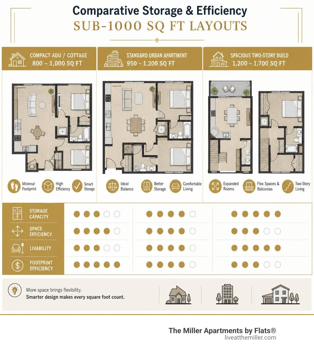 Comparative storage and efficiency breakdown of sub-1000 sq ft layouts infographic