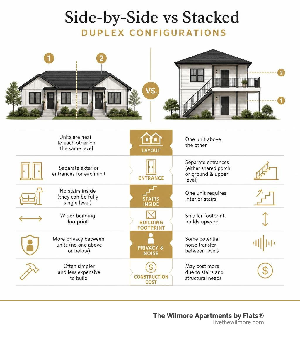 Side-by-side vs stacked duplex configurations comparison infographic infographic Side-by-side vs stacked duplex configurations comparison infographic infographic