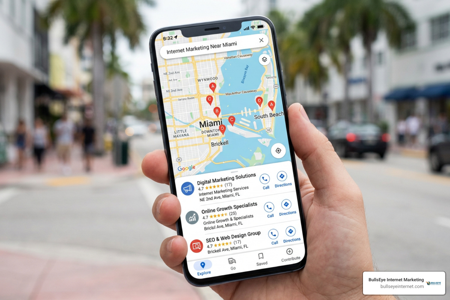 Local Miami map pack search results on mobile screen Smartphone displaying local search results for BullsEye Internet Marketing in Miami, Florida.