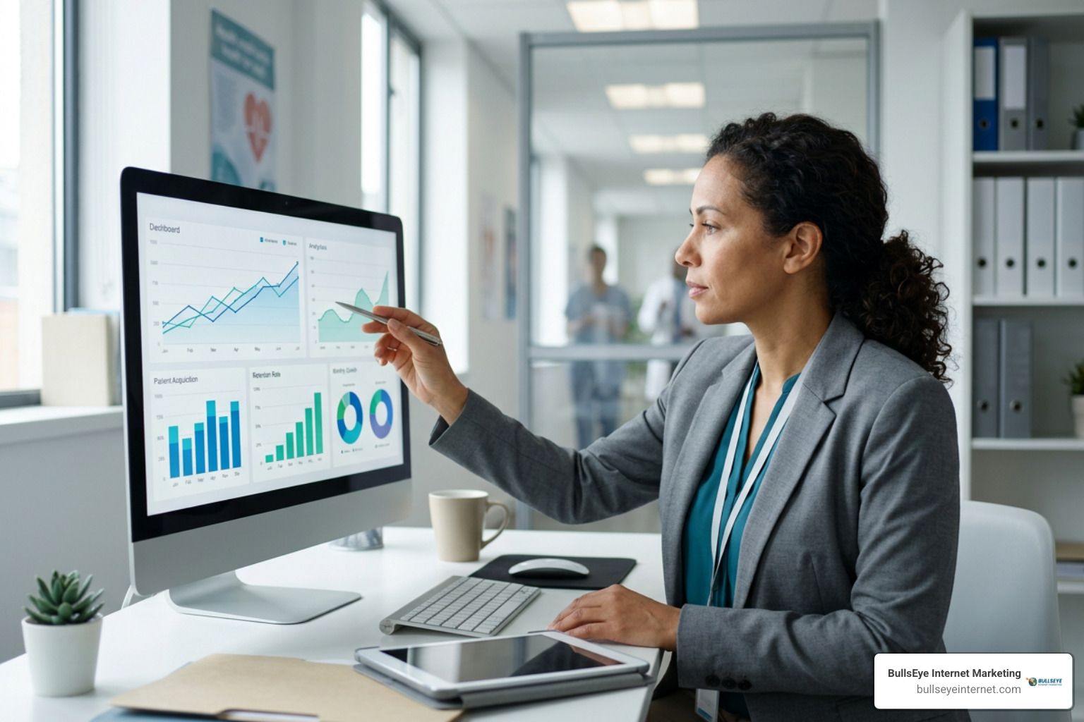 Clinic manager reviewing patient growth metrics on an analytics dashboard Clinic manager reviewing patient growth metrics on an analytics dashboard