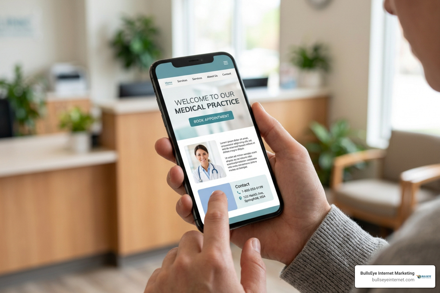 High-converting medical practice website homepage on a mobile device High-converting medical practice website homepage on a mobile device