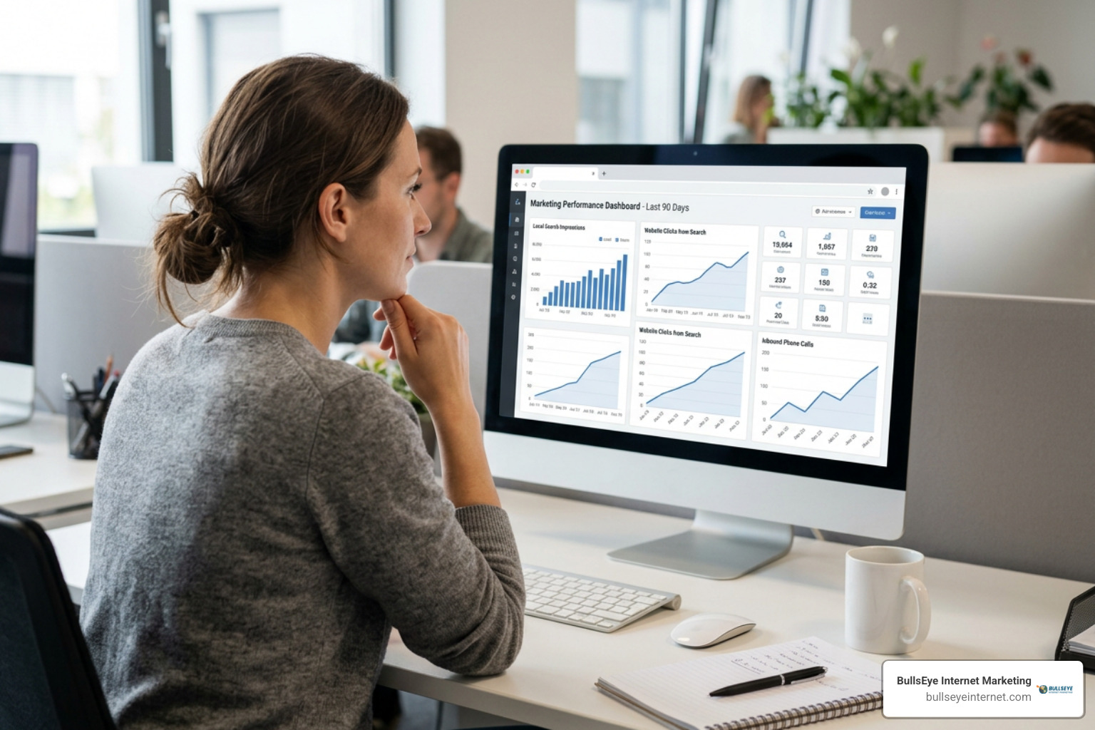 Analytics chart illustrating growth in local map pack impressions, website clicks, and inbound phone calls over a 90-day Woman analyzing marketing performance dashboard with Google Business Profile data and KPIs.