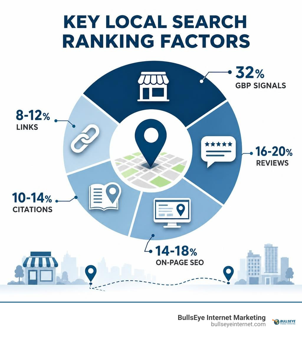 Key local search ranking factors infographic: GBP signals 32%, Reviews 16-20%, On-page SEO 14-18%, Citations 10-14%, Links Key local search ranking factors infographic: GBP signals, links, citations, reviews, on-page SEO, and BullsEye