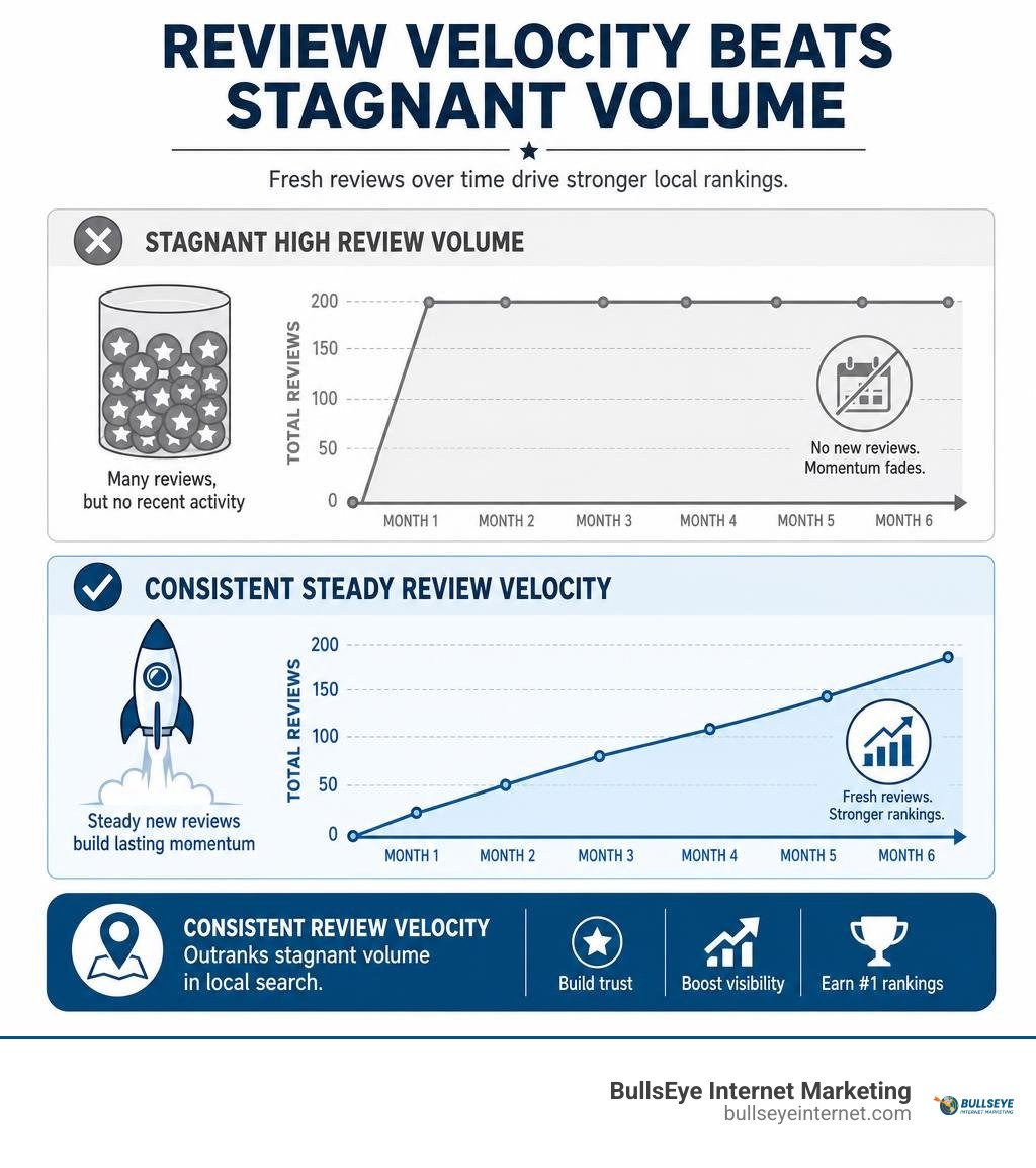 Graph comparing stagnant high review volume versus consistent steady review velocity over time infographic Review velocity chart illustrating consistent fresh reviews driving stronger local search rankings.