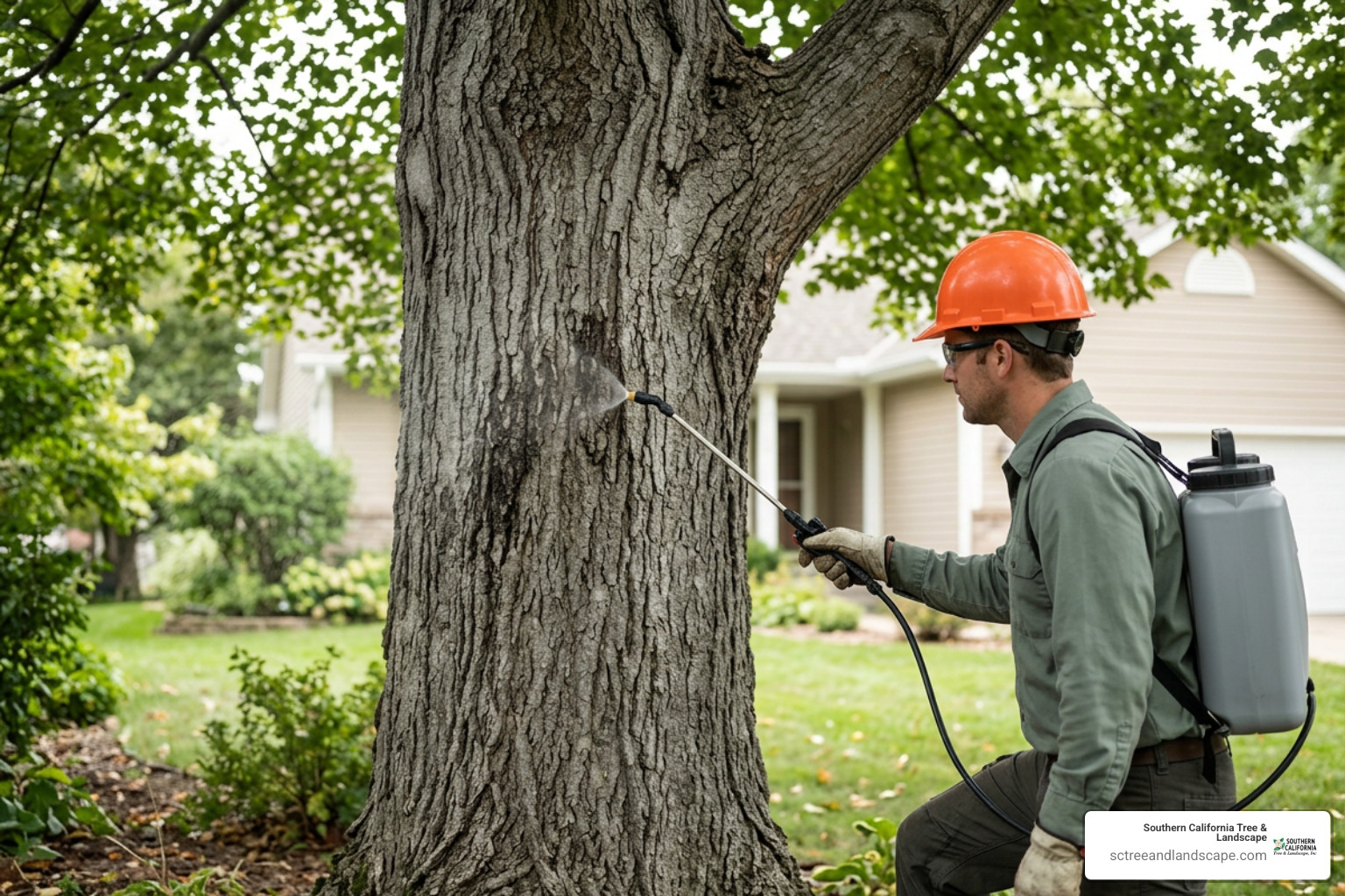 Arborist applying wood boring beetle insecticide treatment to tree trunk