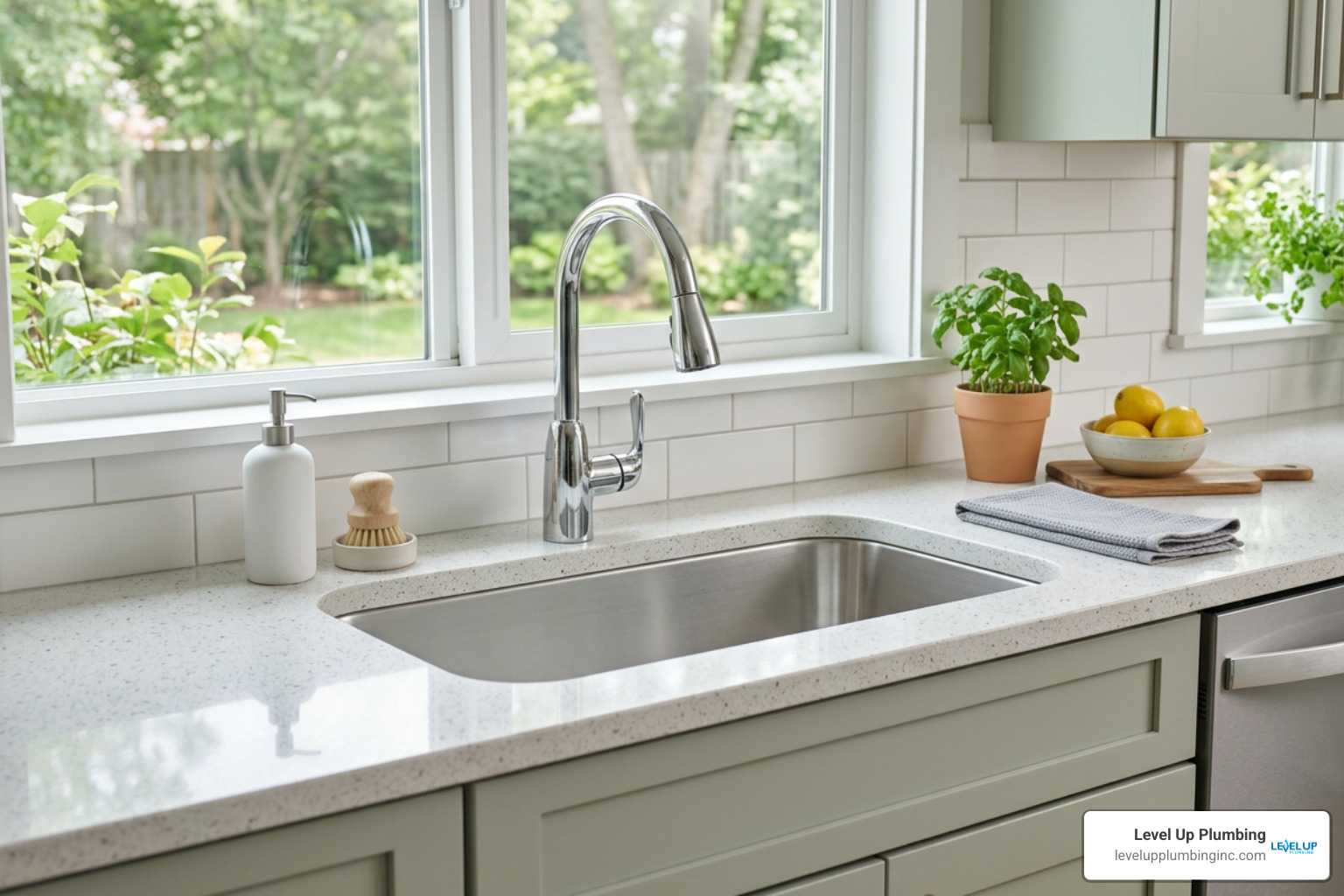 Clean kitchen sink with functioning non-leaking tap