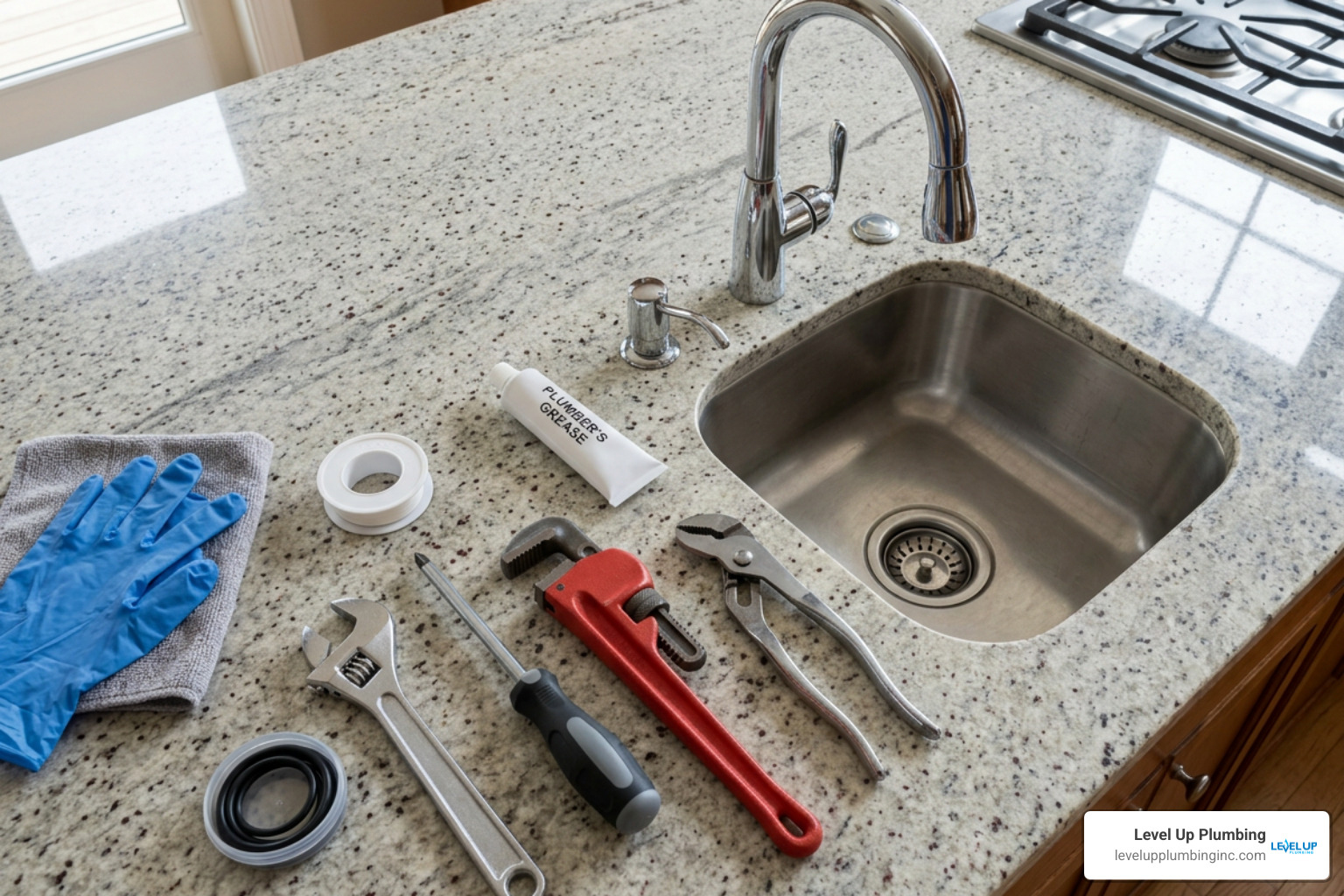 Plumbing tools required to fix leaking kitchen tap including wrench screwdriver and grease