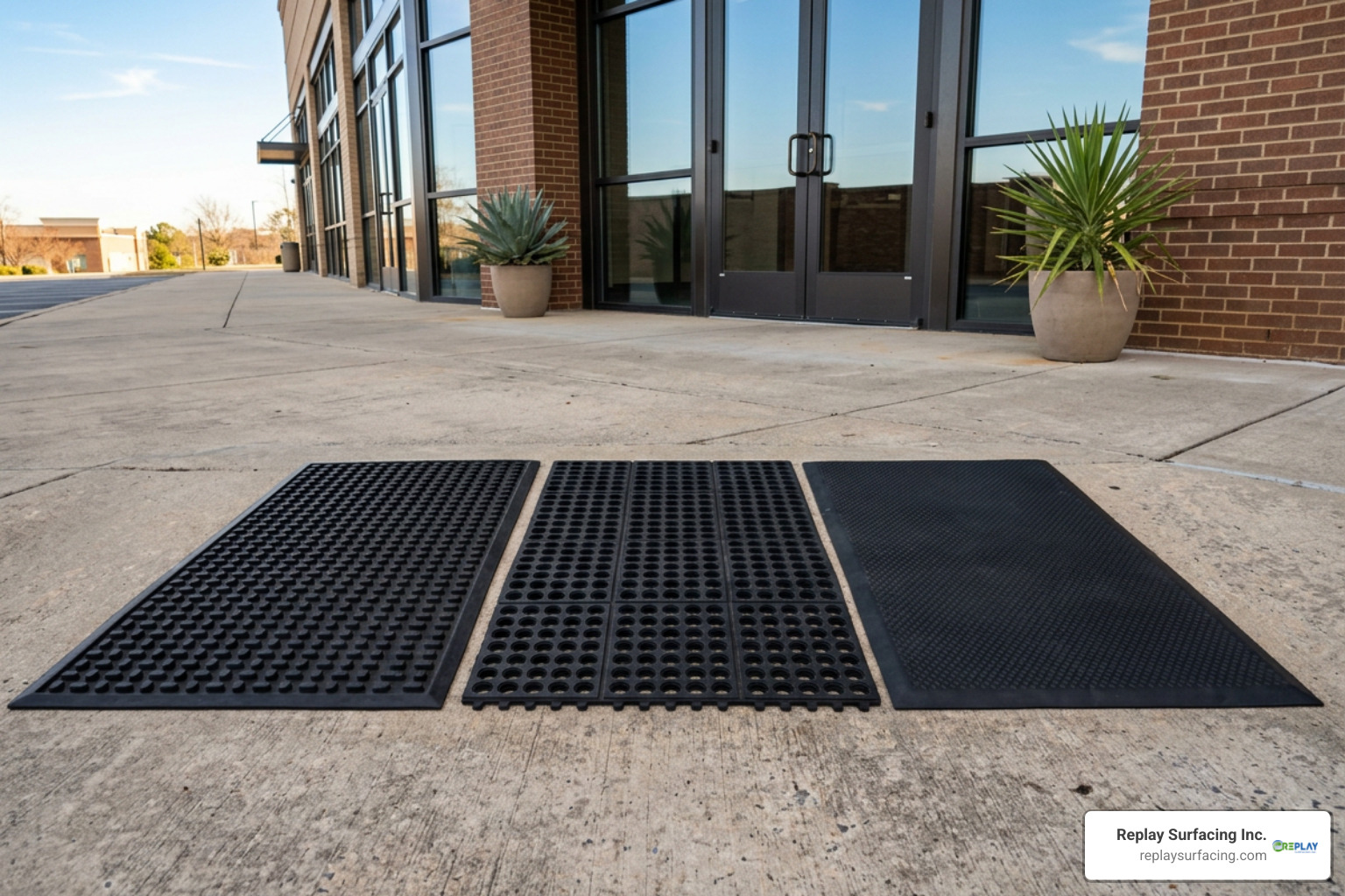 Various rubber mat styles side-by-side for commercial building access