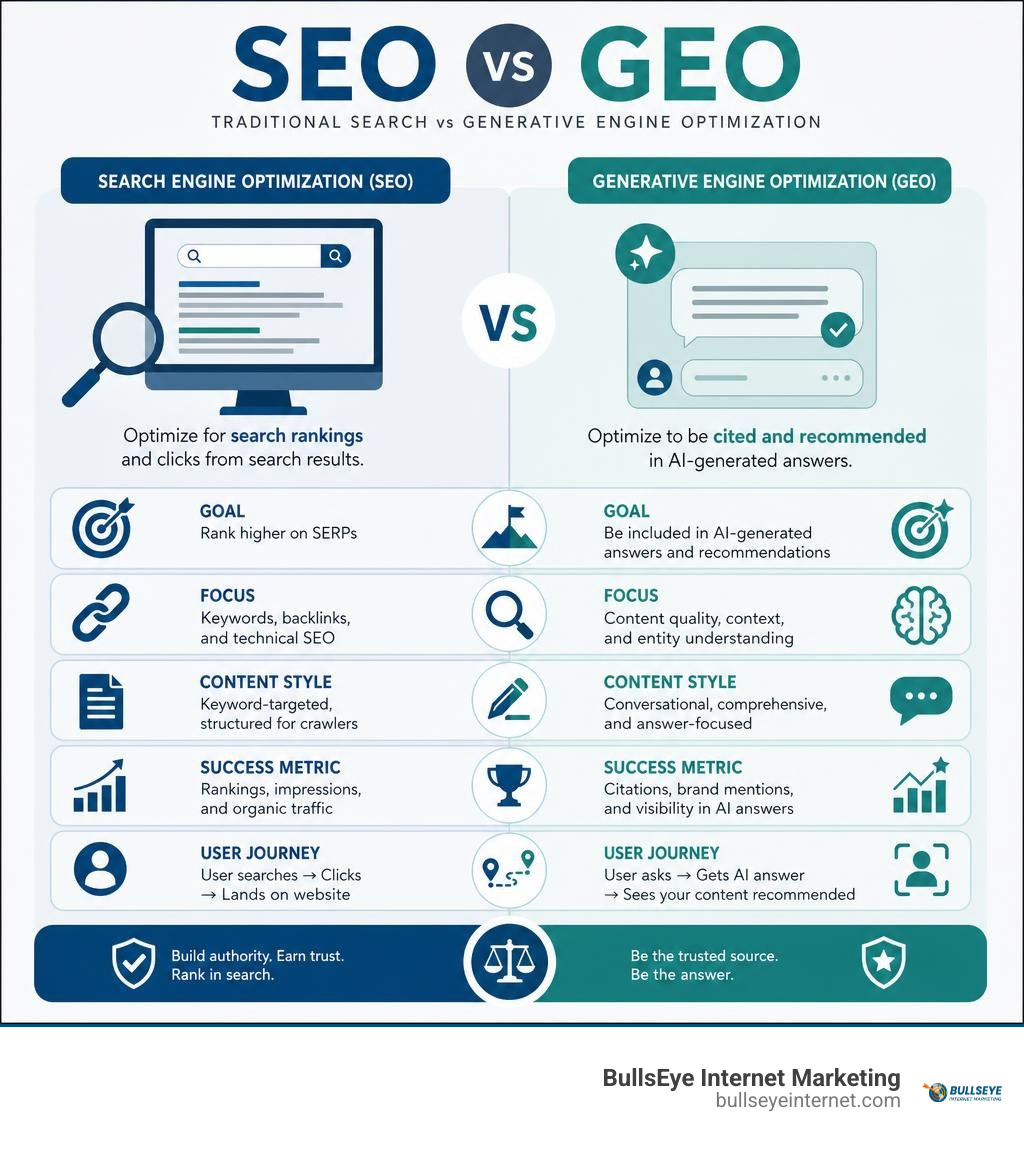 Search engine optimization vs generative engine optimization comparison chart infographic
