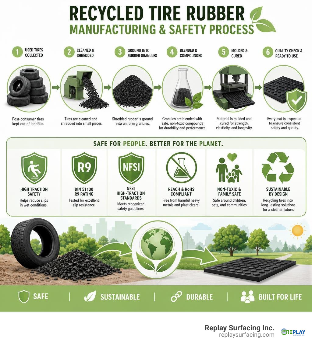 Recycled tire rubber manufacturing and safety process infographic infographic