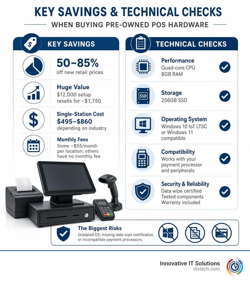Key savings and technical checks when buying pre-owned POS hardware infographic