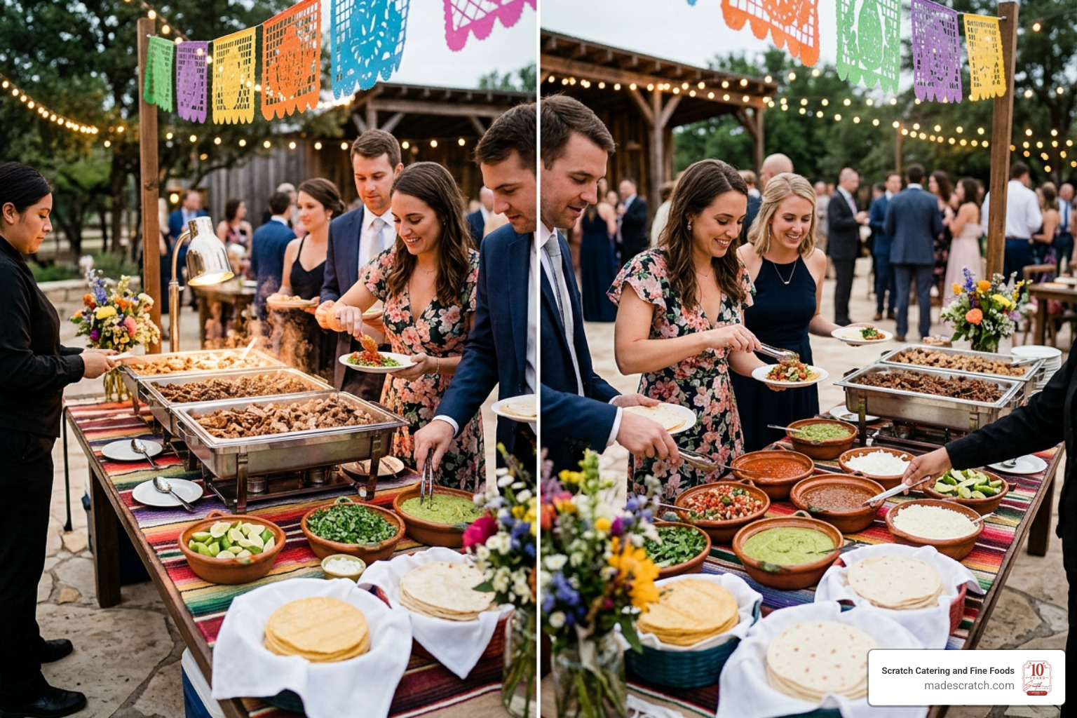 Interactive taco bar and Tex-Mex wedding catering setup