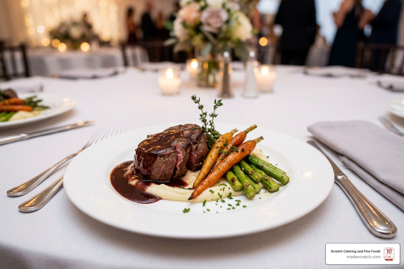 Plated wedding dinner setup featuring prime beef tenderloin and seasonal vegetables