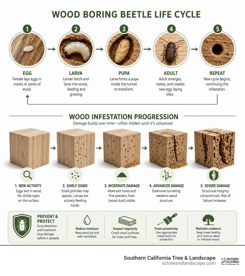 Wood boring beetle life cycle stages and wood infestation progression infographic infographic