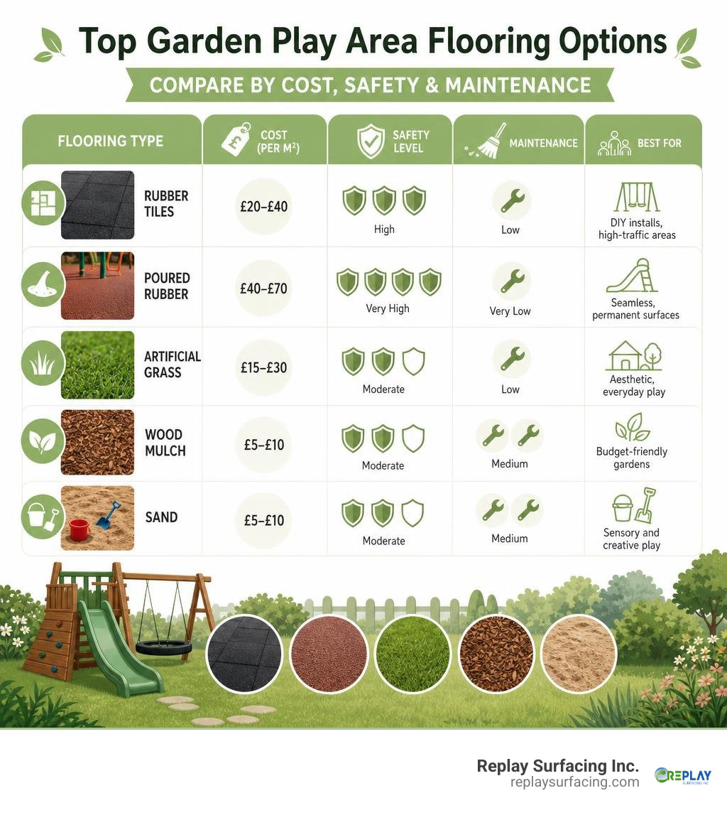 Comparison infographic of top garden play area flooring options by cost, safety, and maintenance infographic