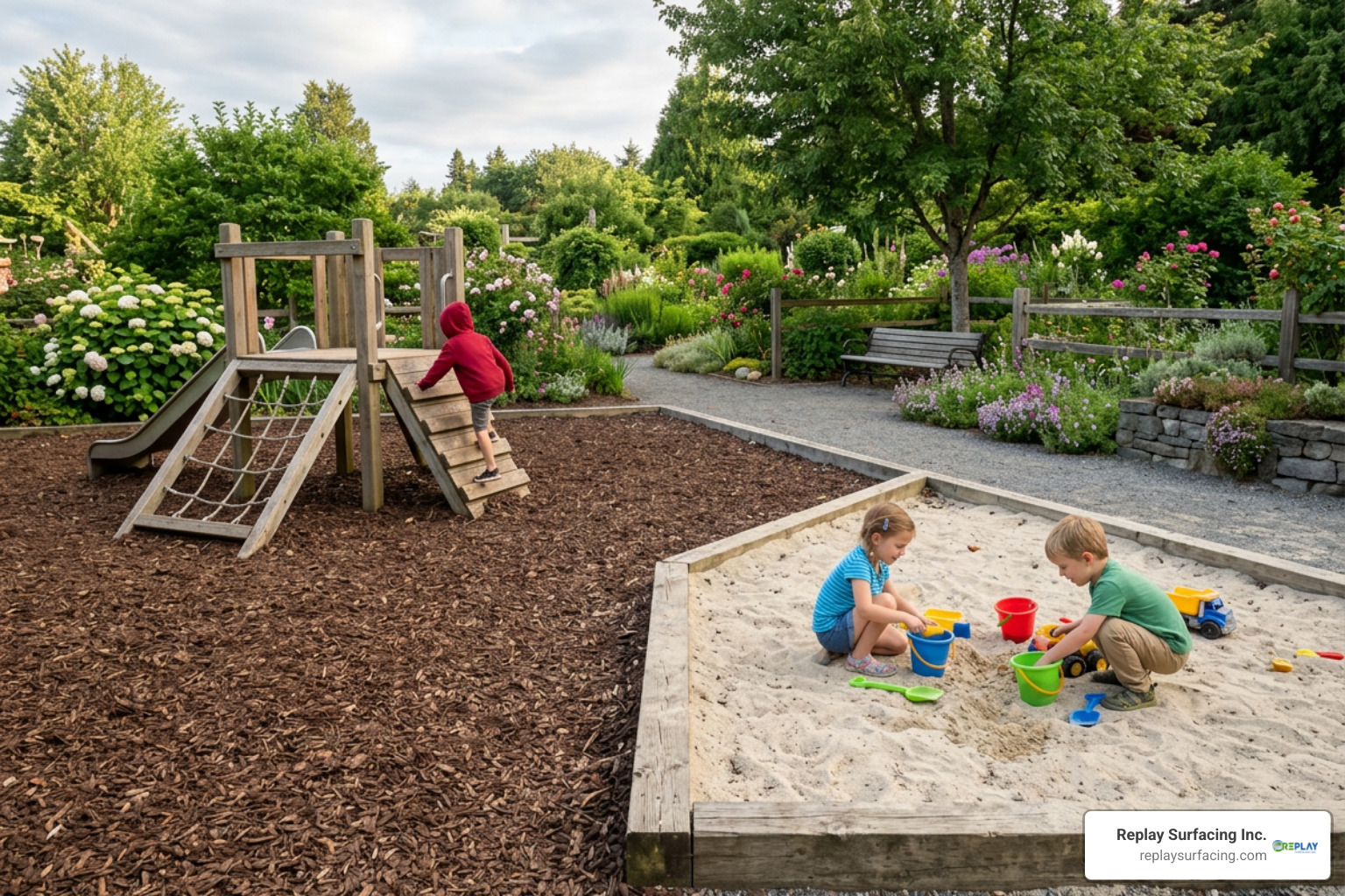 Engineered wood mulch and sand loose-fill play area in a garden setup