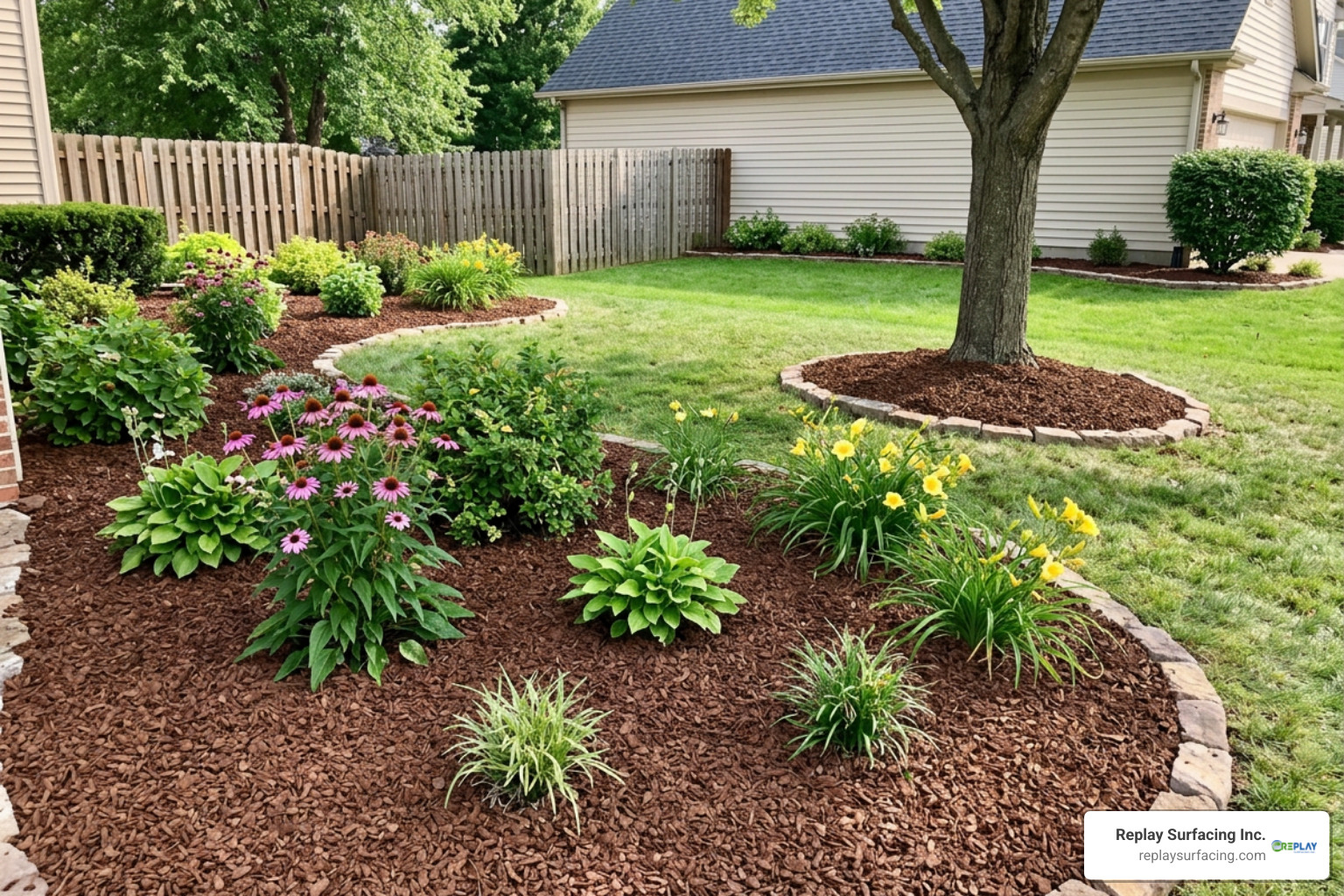 High-quality brown rubber mulch installed around flower beds in a residential yard