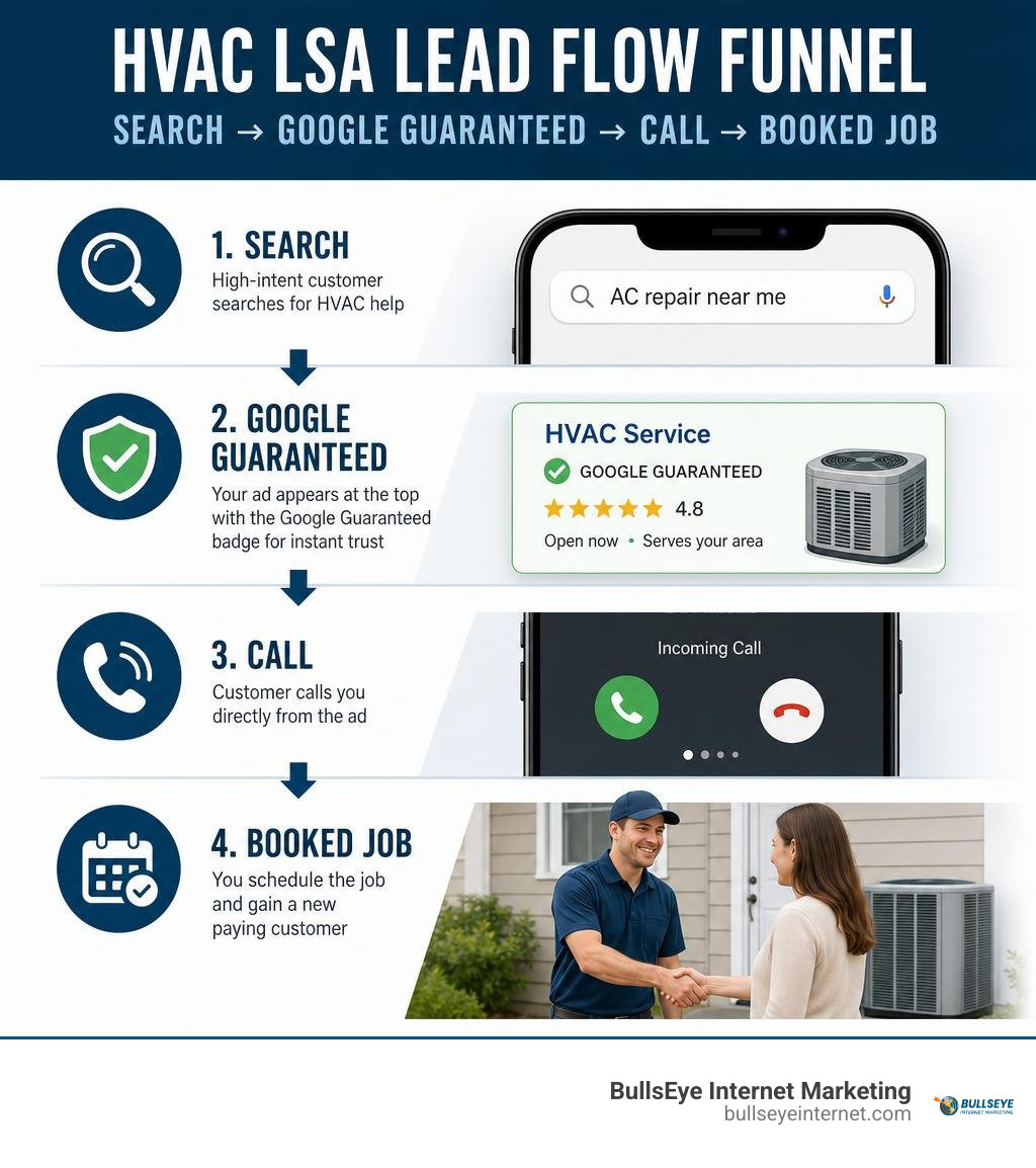 HVAC LSA lead flow funnel illustrating search, Google Guaranteed, call, and booked job process for