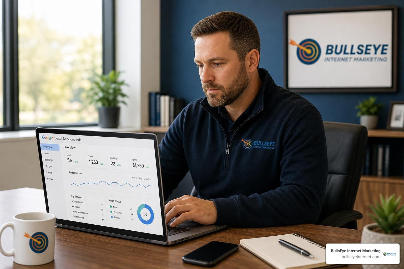 Man reviewing Google Local Services Ads performance dashboard and BullsEye Internet Marketing campaign data.