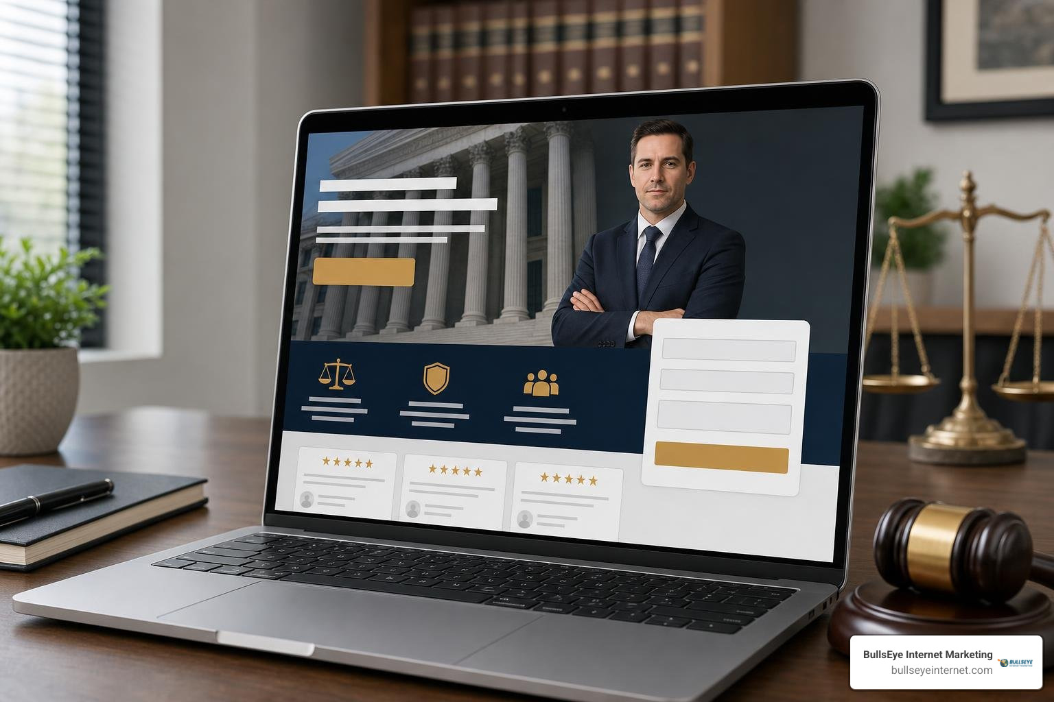 Modern law firm conversion-optimized landing page structure displaying call to action, review badges, and simple contact form