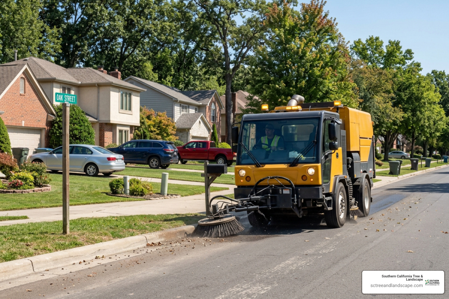 commercial street sweeper cleaning a residential street curb line