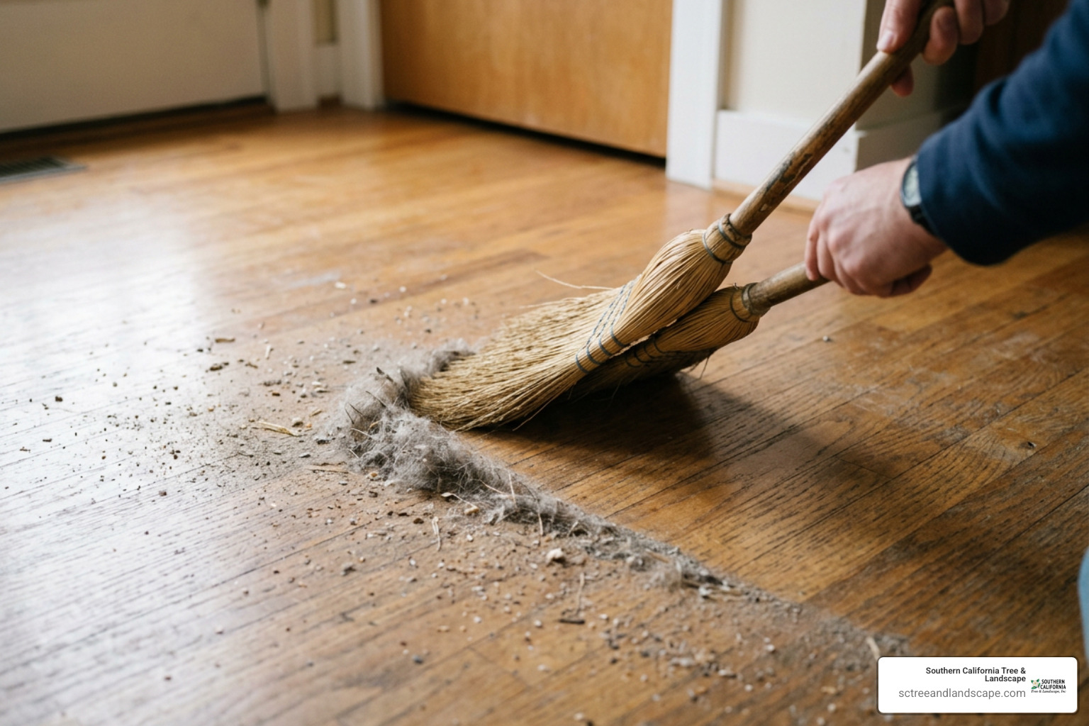 broom removing fine dust particles from hardwood floor surface
