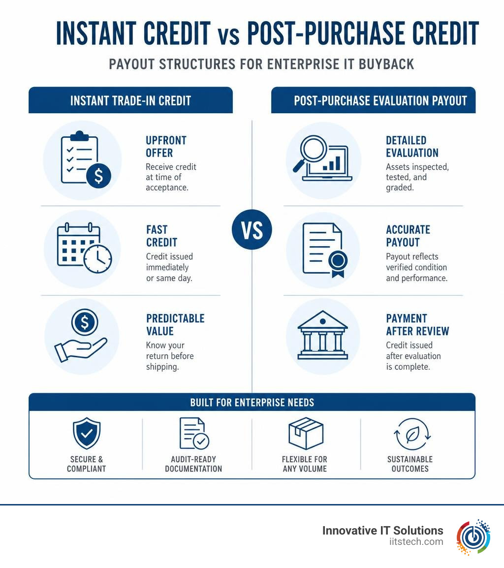 Instant credit vs post-purchase credit payout structures enterprise IT buyback infographic