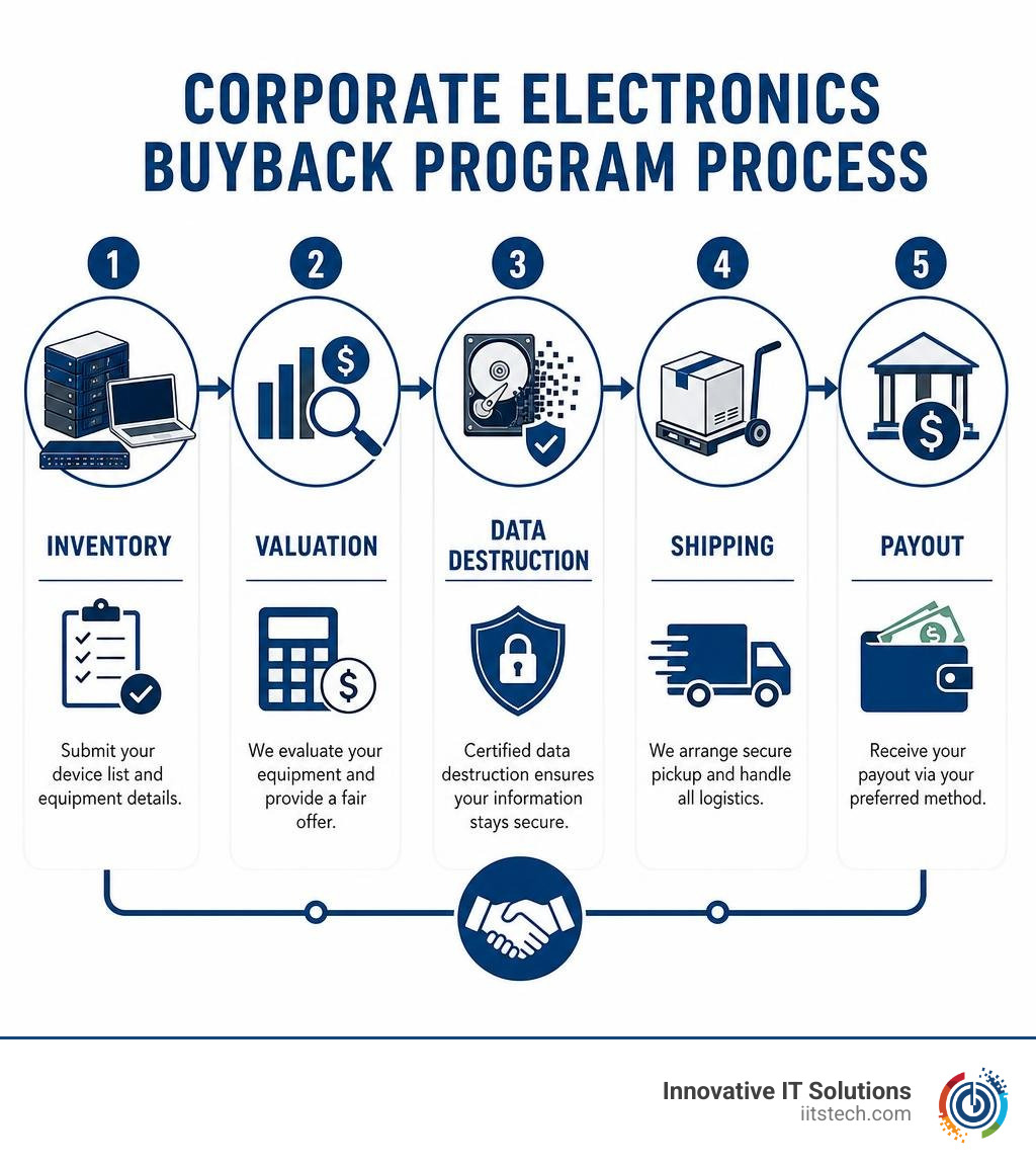 Corporate electronics buyback program process: inventory, valuation, data destruction, shipping, payout infographic
