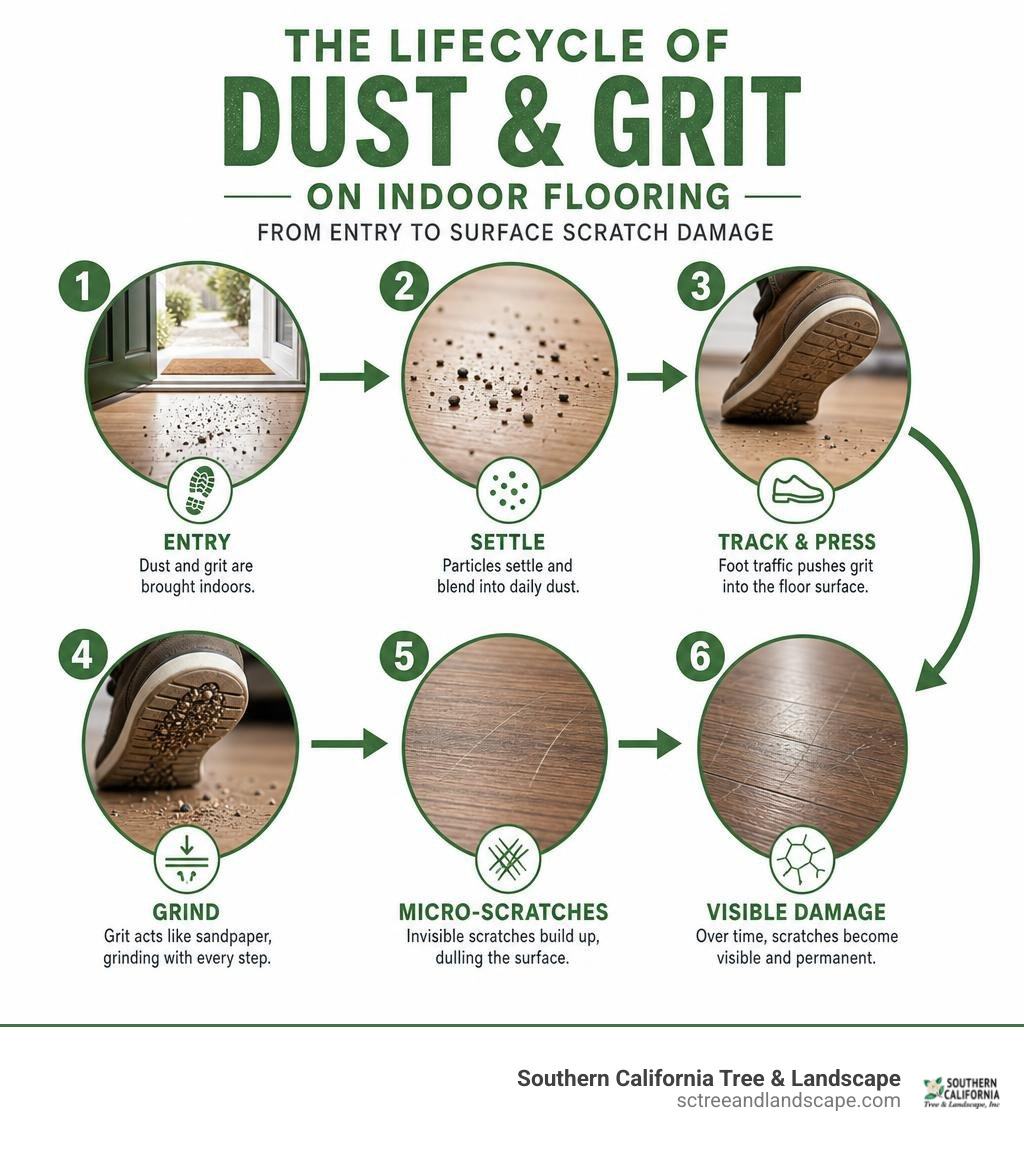 Lifecycle of dust and grit on indoor flooring: from entry to surface scratch damage infographic