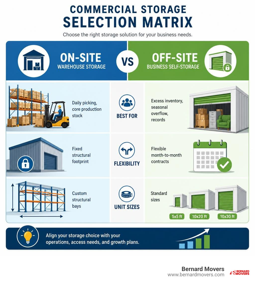 commercial storage selection matrix comparing on site and off site options infographic commercial storage selection matrix comparing on site and off site options infographic
