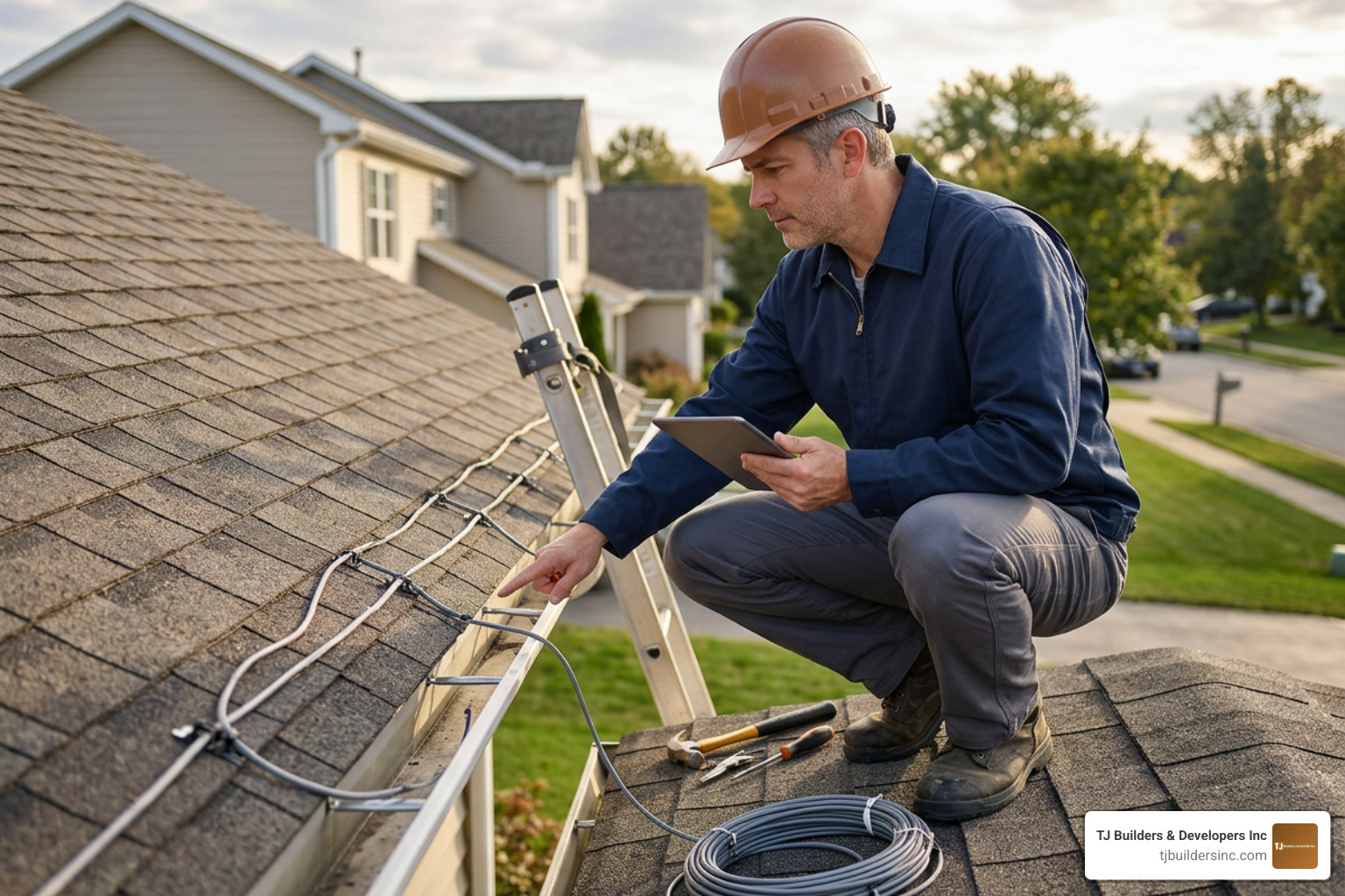 professional contractor inspecting roof cable installation professional contractor inspecting roof cable installation