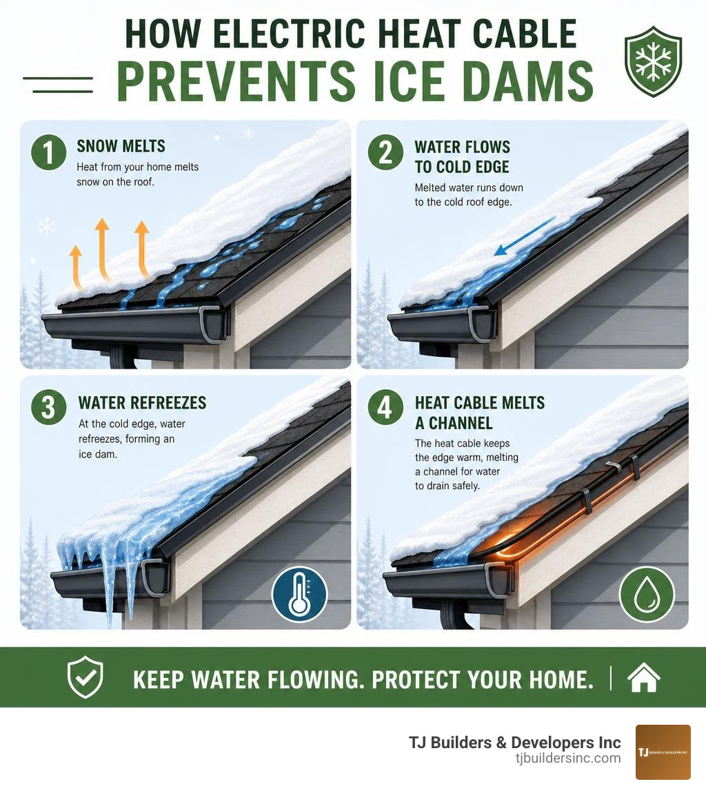 Infographic showing how electric heat cable prevents ice dams: snow melts, water flows to cold edge, refreezes, cable melts Infographic showing how electric heat cable prevents ice dams: snow melts, water flows to cold edge, refreezes, cable melts